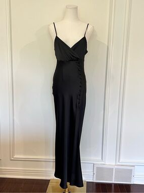 Zara Black Satin Bias Slip Maxi Dress Old Hollywood Minimalist Slit XS NWT